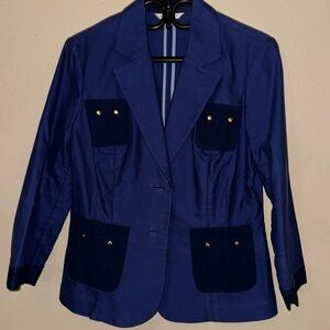 CABI Canvas Resort Blazer Blueberry 900 Blue Two Button Cotton 3/4 Sleeve Jacket